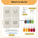 What is in the Tabby Cat Faces set: 4 printed canvases, punch needle, threader, threads, color guide and 4 sets of hangers (6 × 8 in (15 × 20 cm) each)