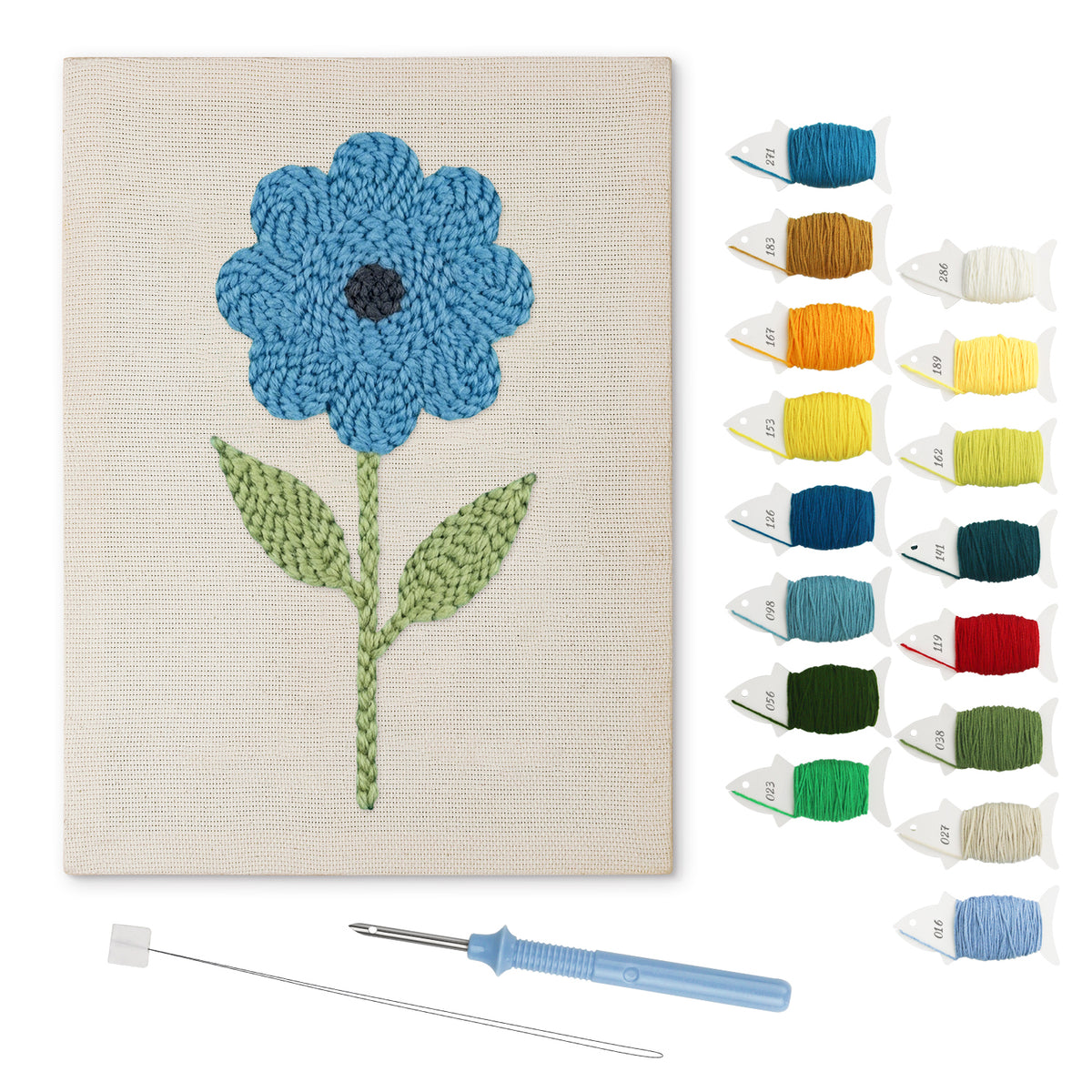 Tall Blue Flower punch needle kit: finished canvas with threads, punch needle and threader