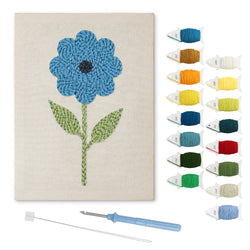 Tall Blue Flower punch needle kit: finished canvas with threads, punch needle and threader
