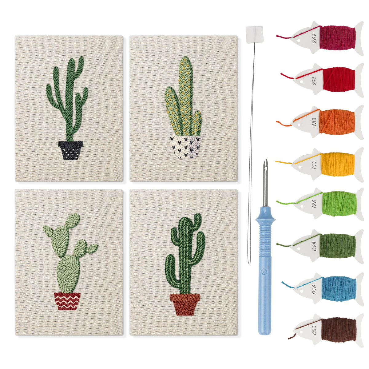 Tall Potted Cacti mini punch needle kit set: four finished canvases with threads, punch needle and threader