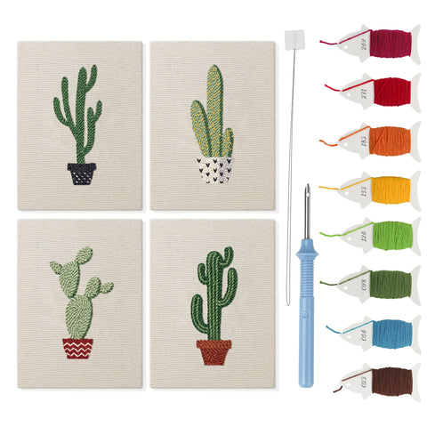 Tall Potted Cacti mini punch needle kit set: four finished canvases with threads, punch needle and threader