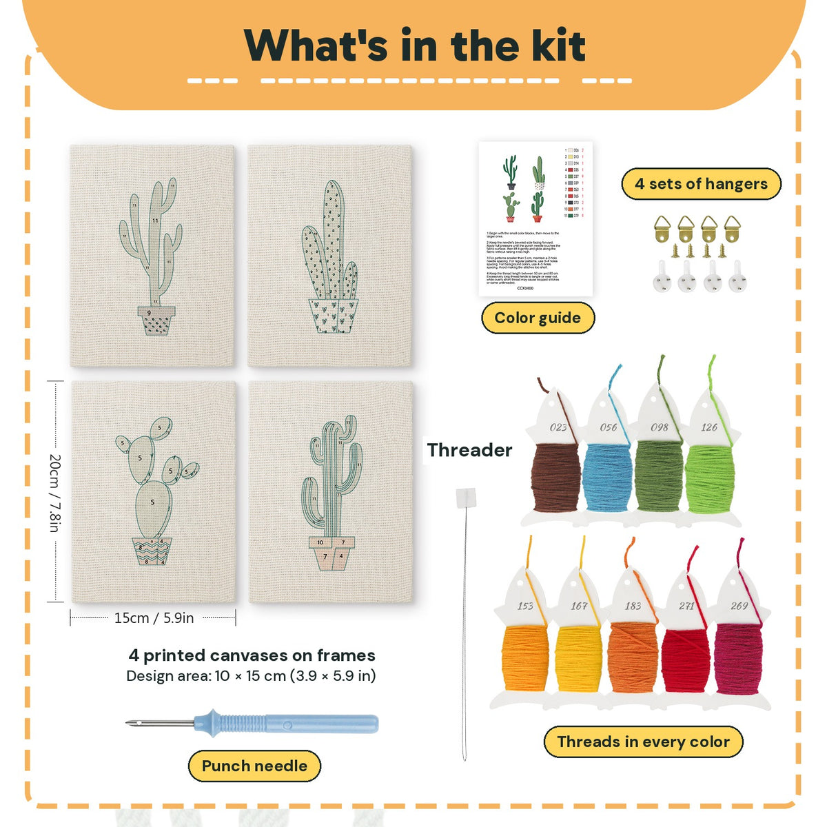 What is in the Tall Potted Cacti set: 4 printed canvases, punch needle, threader, threads, color guide and 4 sets of hangers (6 × 8 in (15 × 20 cm) each)