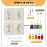 What is in the Tall Potted Cacti set, 8 × 12 in (20 × 30 cm) each: 4 printed canvases, punch needle, threader, threads, color guide and 4 sets of hangers