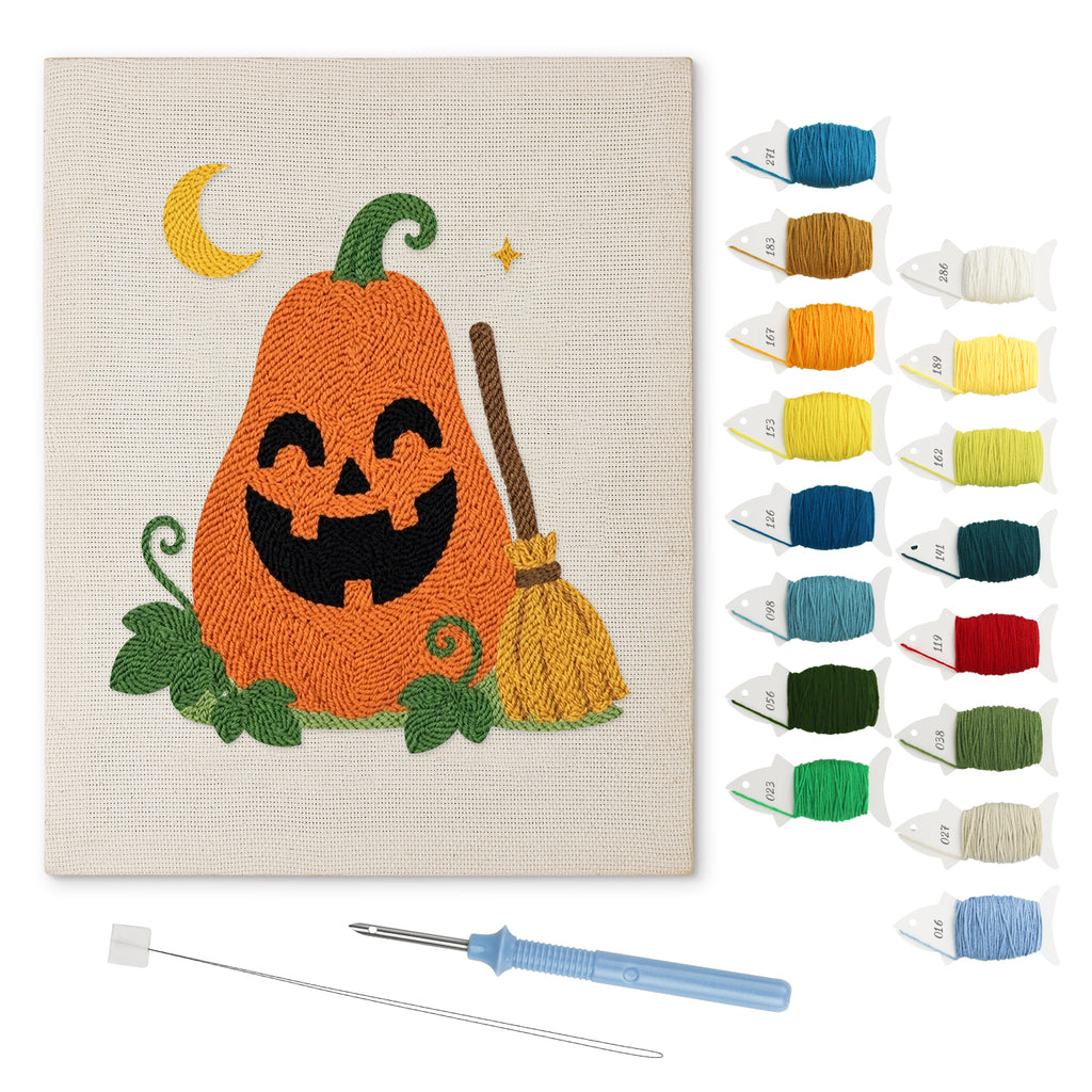 Tall Pumpkin and Broom punch needle kit: finished canvas with threads, punch needle and threader