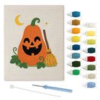 Tall Pumpkin and Broom punch needle kit: finished canvas with threads, punch needle and threader