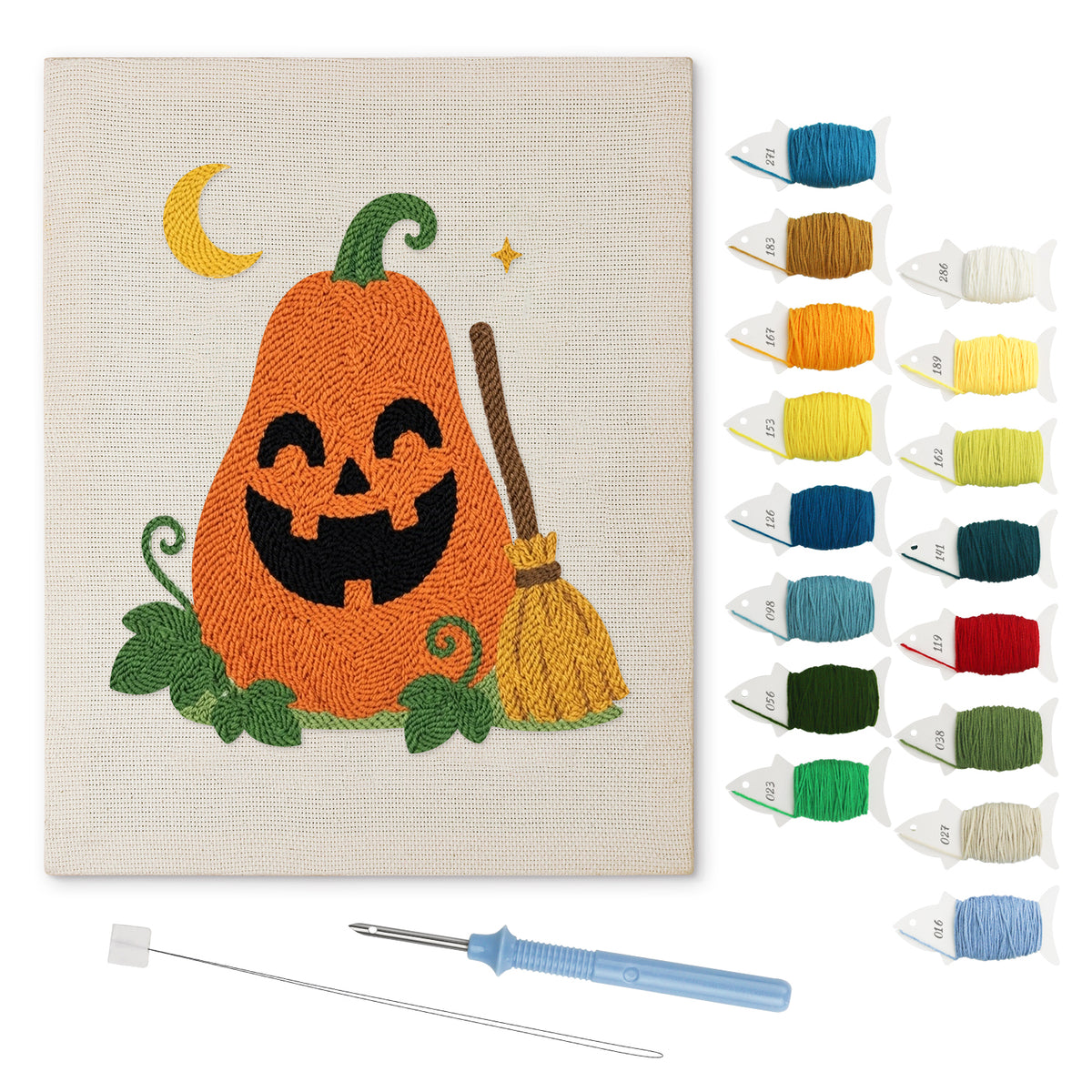 Tall Pumpkin and Broom punch needle kit: finished canvas with threads, punch needle and threader
