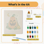 What is in the Tall Pumpkin and Broom kit: printed canvas, punch needle, threader, threads, color guide and hangers