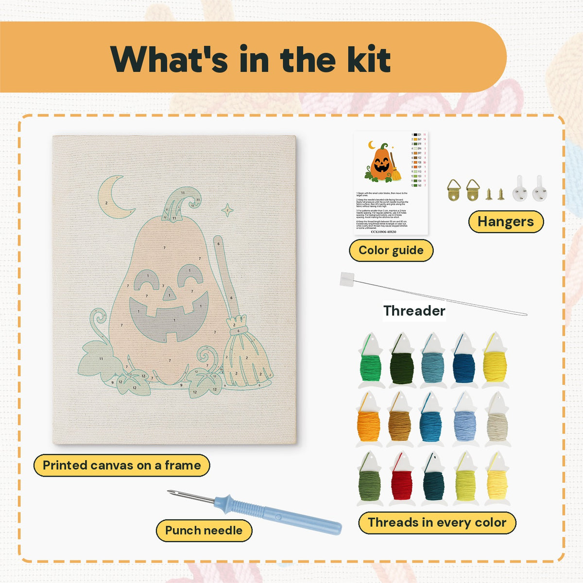 What is in the Tall Pumpkin and Broom kit: printed canvas, punch needle, threader, threads, color guide and hangers