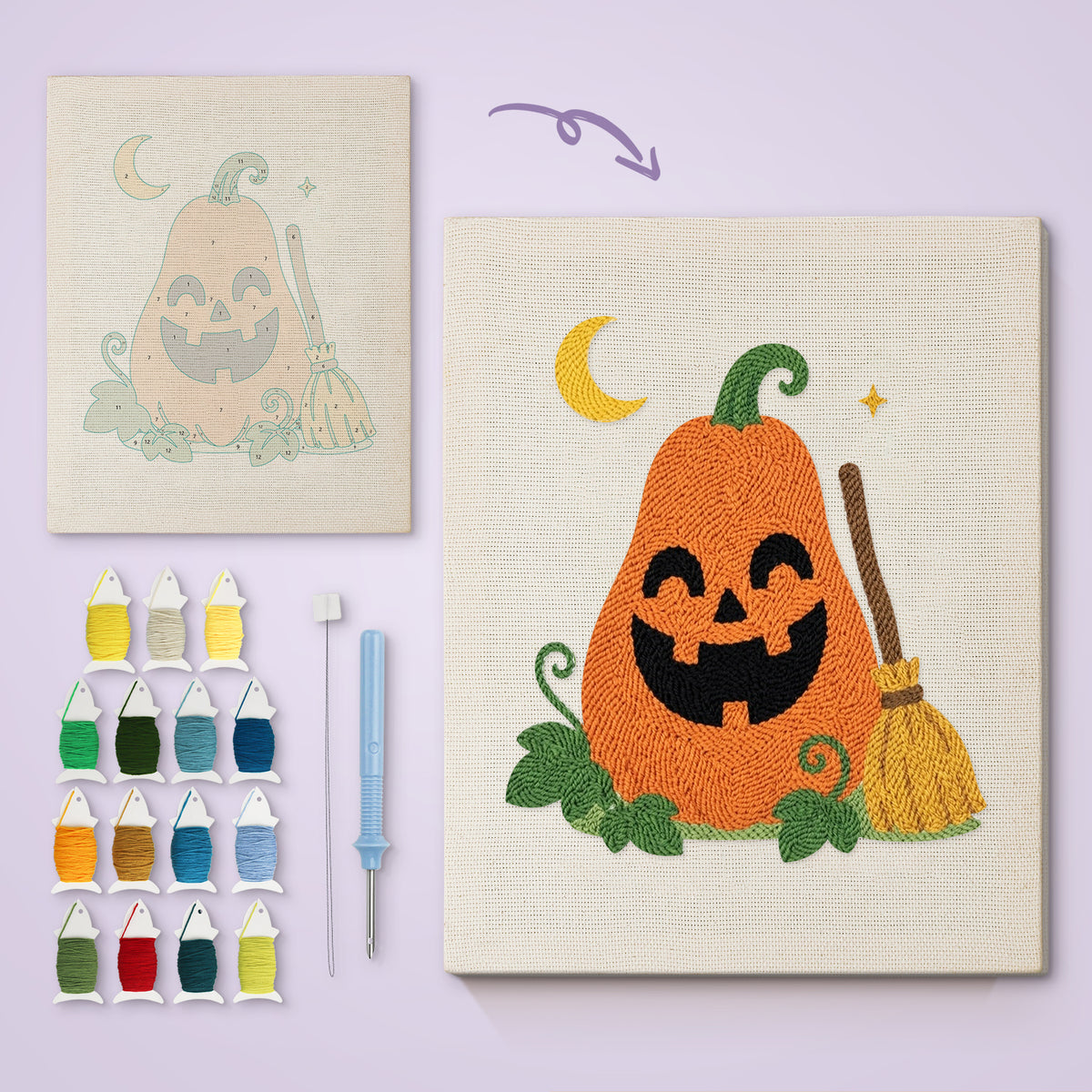 Tall Pumpkin and Broom canvas before and after punching, with the threads and tools