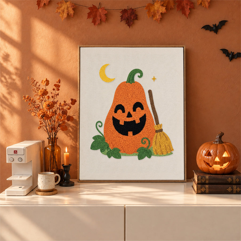 Finished Tall Pumpkin and Broom punch needle canvas on a wall