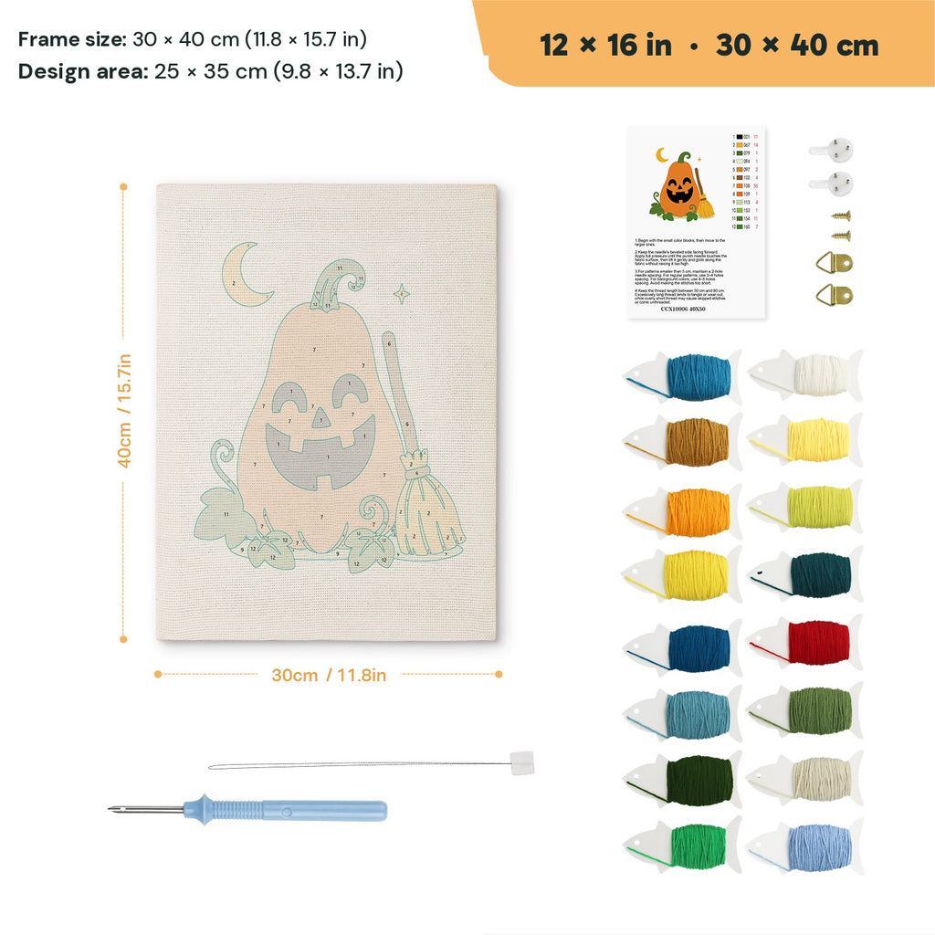 Tall Pumpkin and Broom punch needle kit, 12 × 16 in (30 × 40 cm): canvas size and kit contents