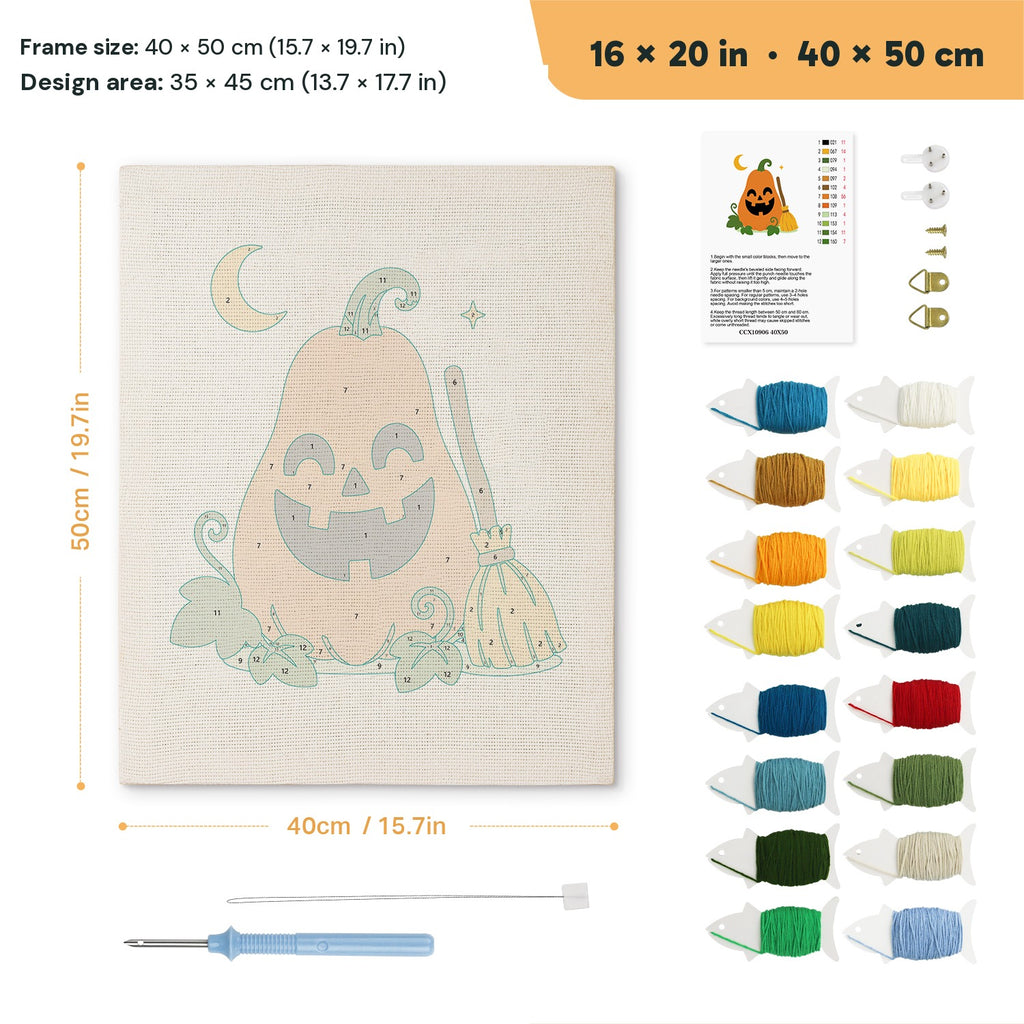 Tall Pumpkin and Broom punch needle kit, 16 × 20 in (40 × 50 cm): canvas size and kit contents