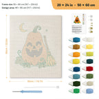 Tall Pumpkin and Broom punch needle kit, 20 × 24 in (50 × 60 cm): canvas size and kit contents