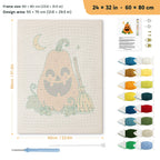 Tall Pumpkin and Broom punch needle kit, 24 × 32 in (60 × 80 cm): canvas size and kit contents