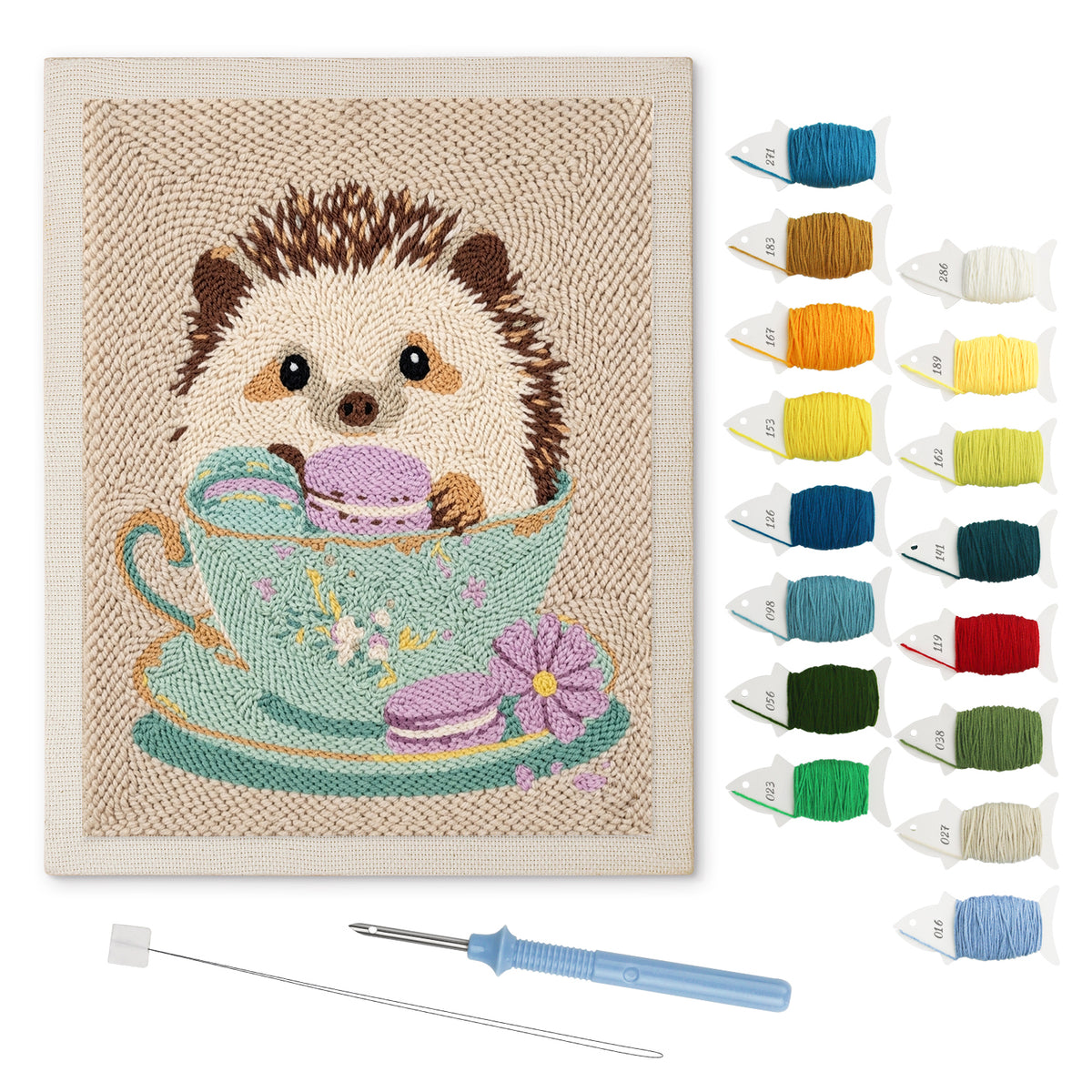 Teacup Hedgehog punch needle kit: finished canvas with threads, punch needle and threader