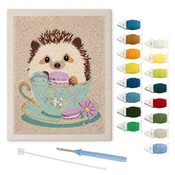 Teacup Hedgehog punch needle kit: finished canvas with threads, punch needle and threader