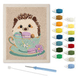 Teacup Hedgehog punch needle kit: finished canvas with threads, punch needle and threader