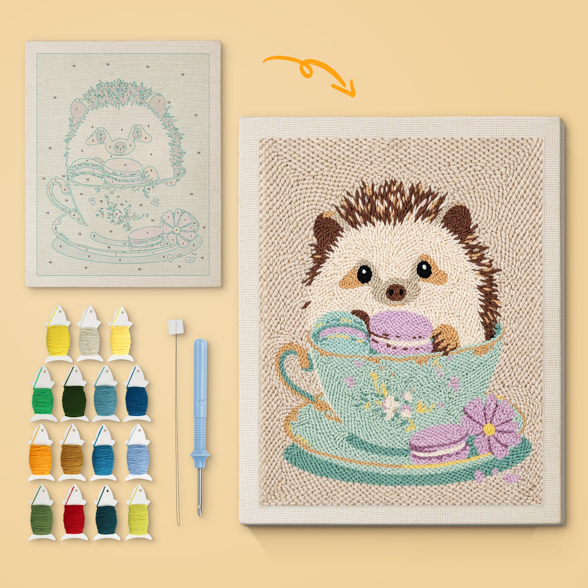 Teacup Hedgehog canvas before and after punching, with the threads and tools