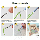 Six steps showing how to thread and use the punch needle