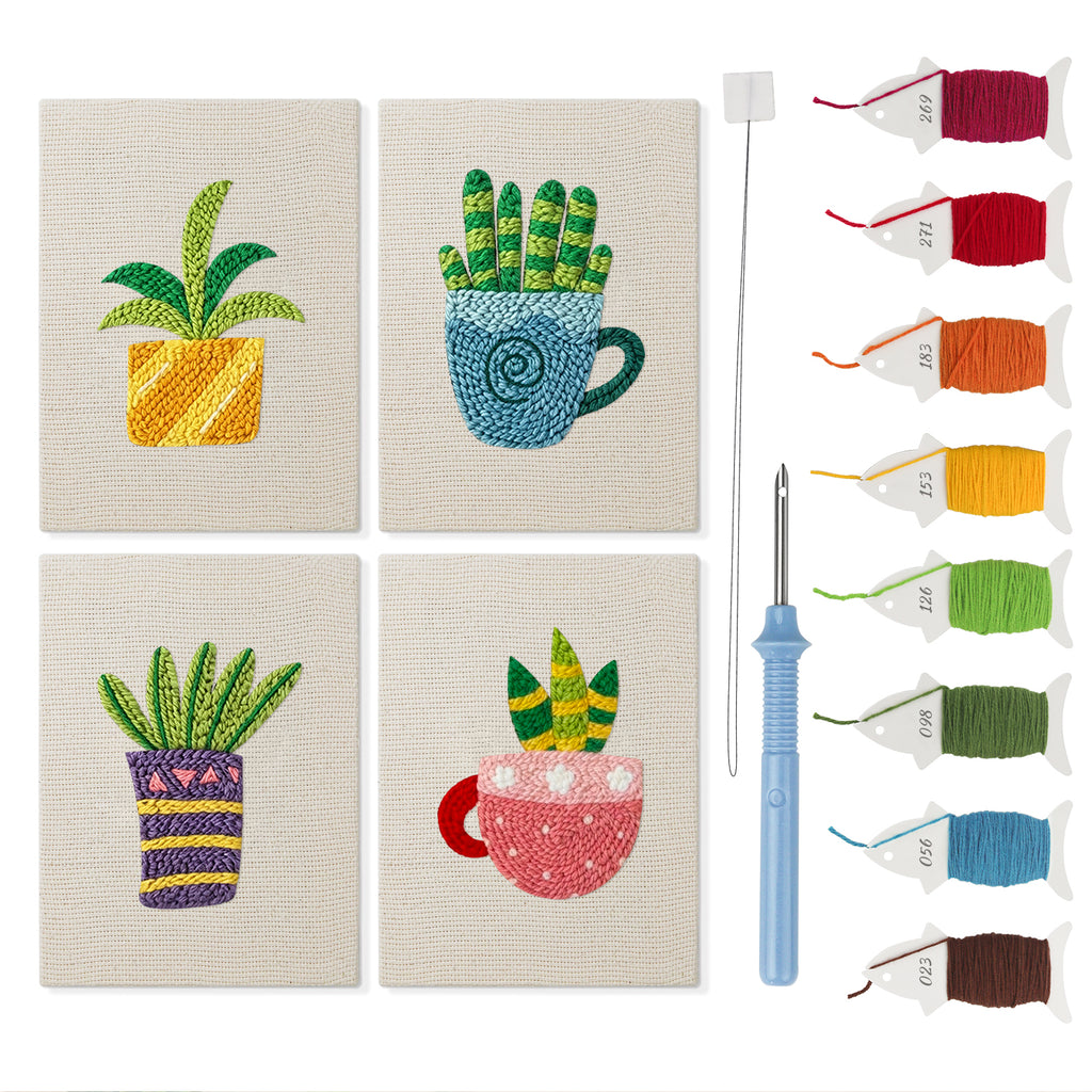 Teacup Succulents mini punch needle kit set: four finished canvases with threads, punch needle and threader