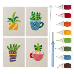 Teacup Succulents mini punch needle kit set: four finished canvases with threads, punch needle and threader