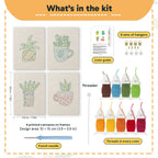What is in the Teacup Succulents set: 4 printed canvases, punch needle, threader, threads, color guide and 4 sets of hangers (6 × 8 in (15 × 20 cm) each)