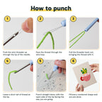 Six steps showing how to thread and use the punch needle