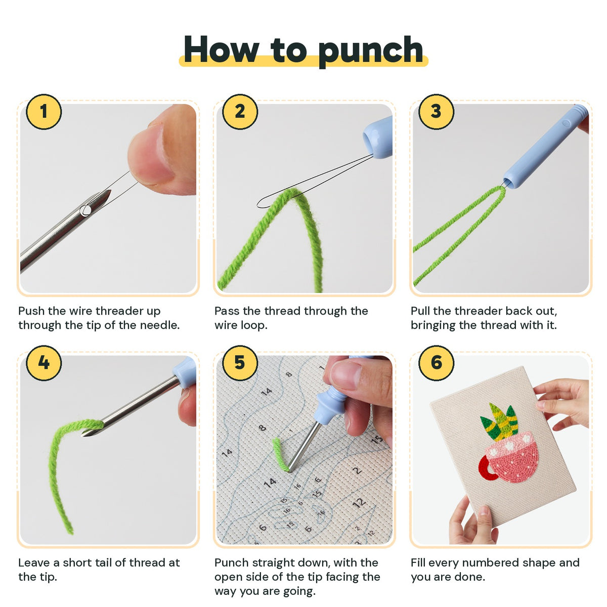Six steps showing how to thread and use the punch needle