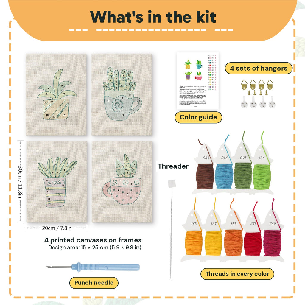 What is in the Teacup Succulents set, 8 × 12 in (20 × 30 cm) each: 4 printed canvases, punch needle, threader, threads, color guide and 4 sets of hangers