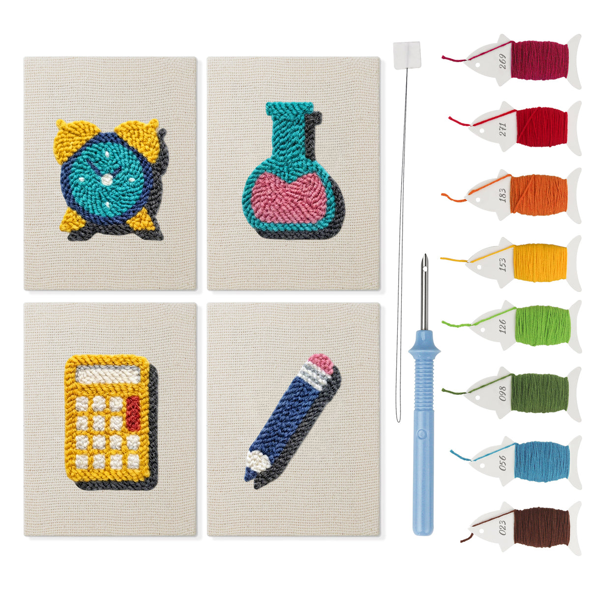 Teal Alarm Clock mini punch needle kit set: four finished canvases with threads, punch needle and threader