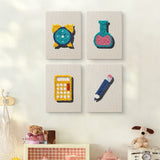 The four Teal Alarm Clock mini canvases on a wall above a shelf