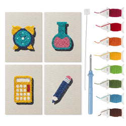 Teal Alarm Clock mini punch needle kit set: four finished canvases with threads, punch needle and threader