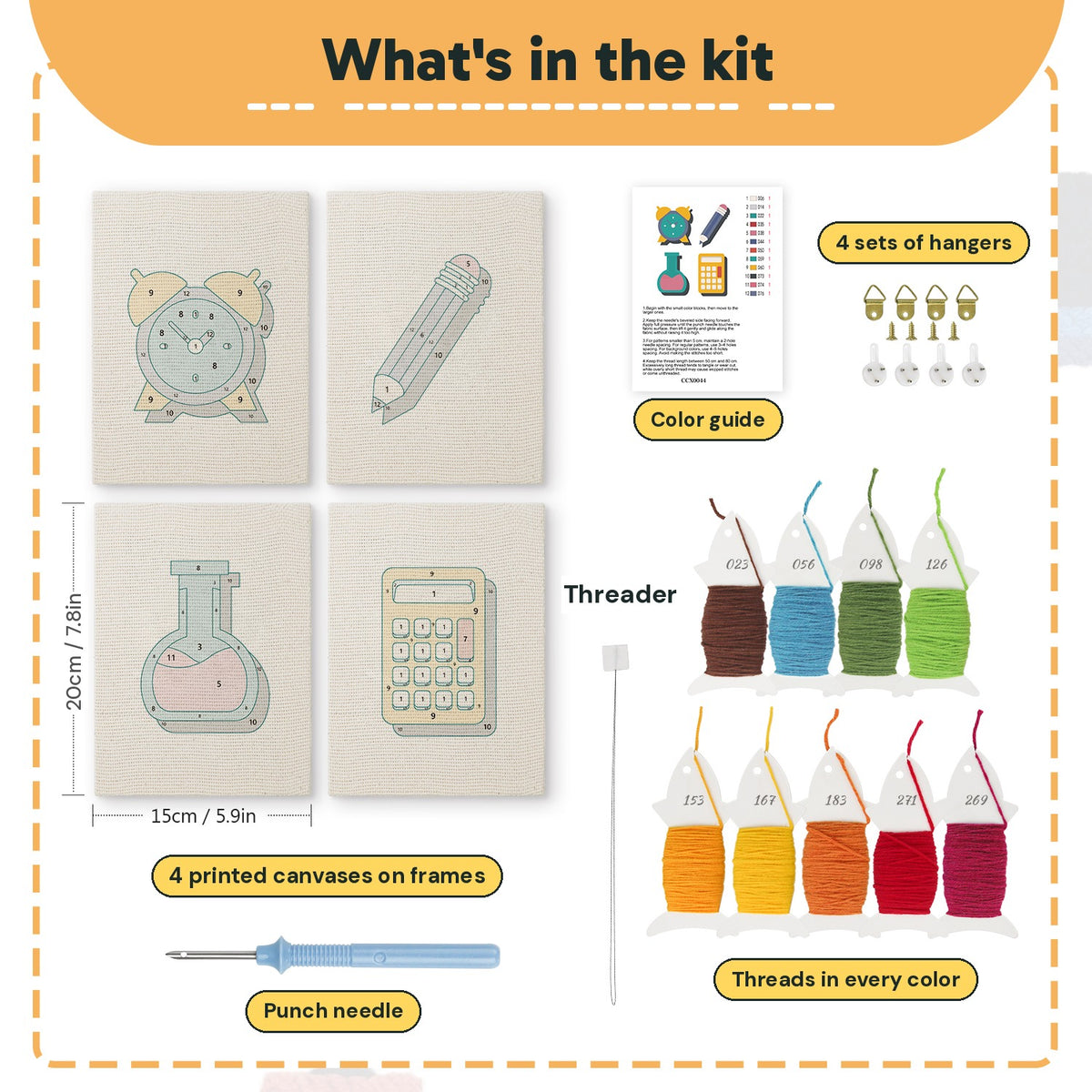 What is in the Teal Alarm Clock set: 4 printed canvases, punch needle, threader, threads, color guide and 4 sets of hangers (6 × 8 in (15 × 20 cm) each)