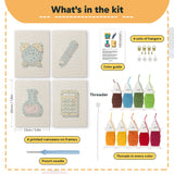What is in the Teal Alarm Clock set: 4 printed canvases, punch needle, threader, threads, color guide and 4 sets of hangers (6 × 8 in (15 × 20 cm) each)