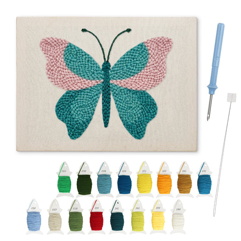 Teal Blush Butterfly punch needle kit: finished canvas with threads, punch needle and threader