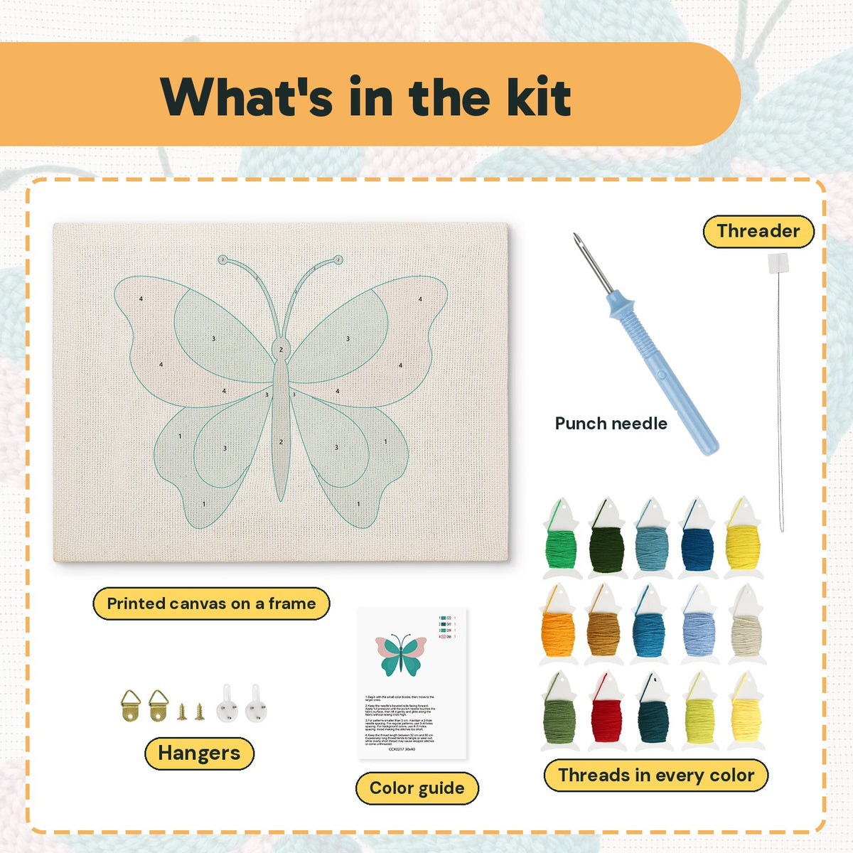 What is in the Teal Blush Butterfly kit: printed canvas, punch needle, threader, threads, color guide and hangers