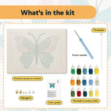 What is in the Teal Blush Butterfly kit: printed canvas, punch needle, threader, threads, color guide and hangers