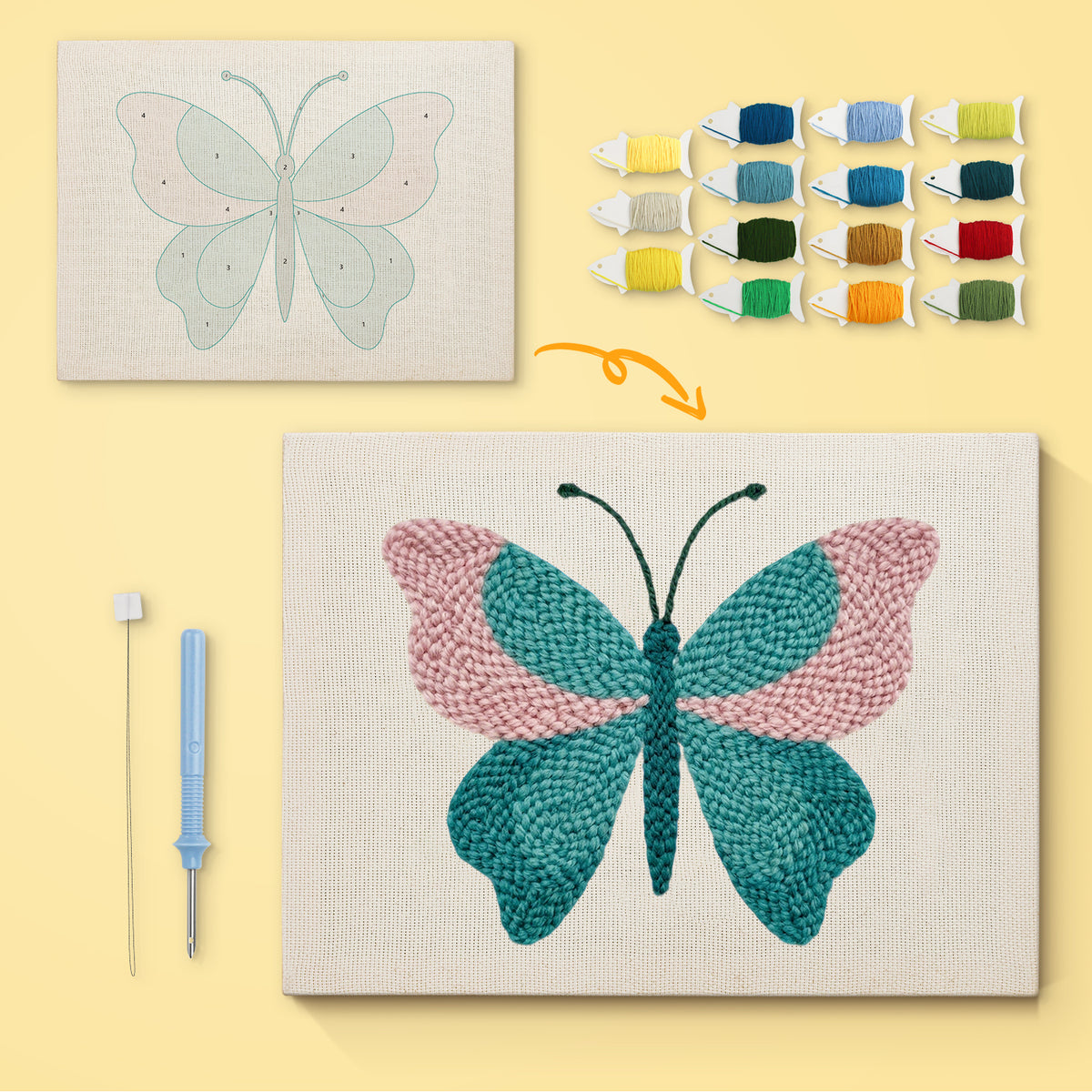 Teal Blush Butterfly canvas before and after punching, with the threads and tools