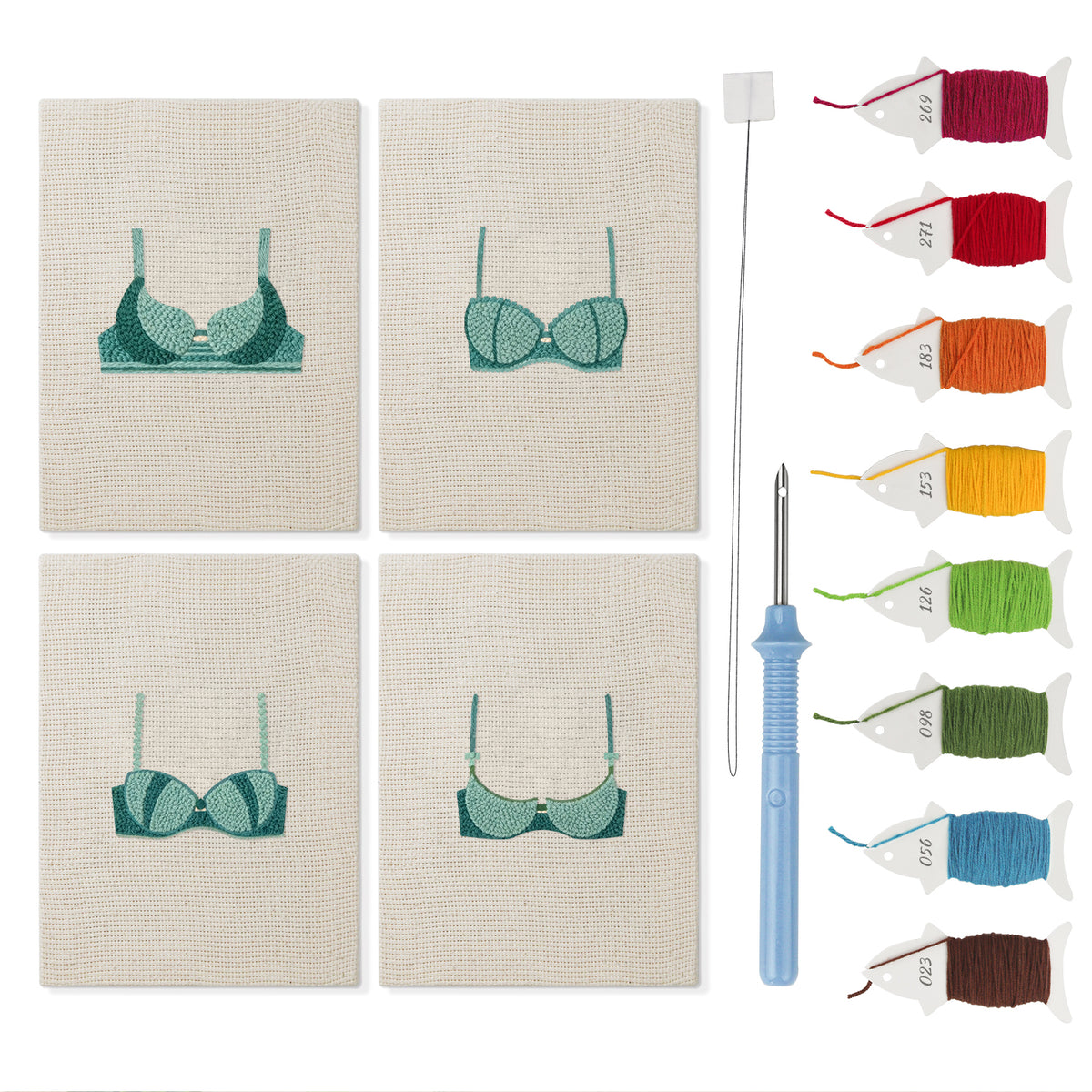 Teal Bralettes mini punch needle kit set: four finished canvases with threads, punch needle and threader