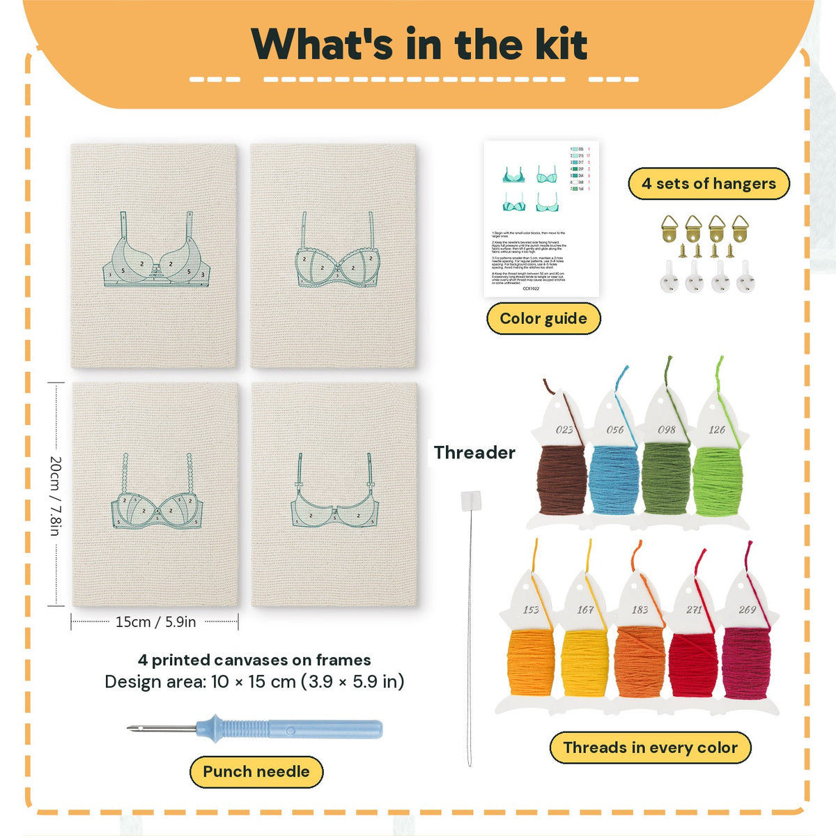 What is in the Teal Bralettes set: 4 printed canvases, punch needle, threader, threads, color guide and 4 sets of hangers (6 × 8 in (15 × 20 cm) each)