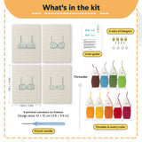 What is in the Teal Bralettes set: 4 printed canvases, punch needle, threader, threads, color guide and 4 sets of hangers (6 × 8 in (15 × 20 cm) each)