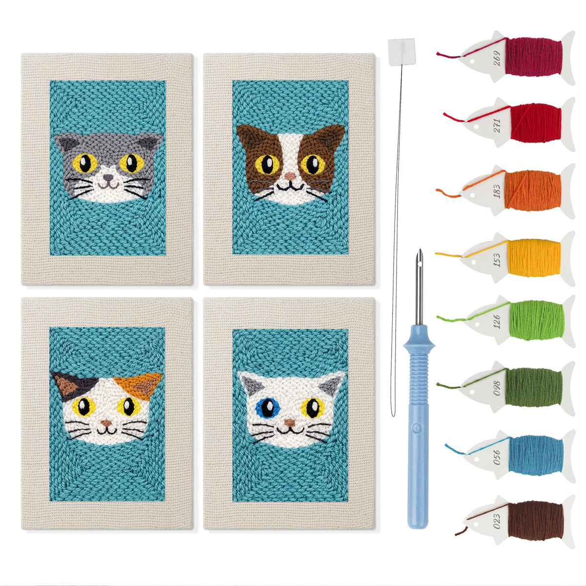 Teal Cat Faces mini punch needle kit set: four finished canvases with threads, punch needle and threader