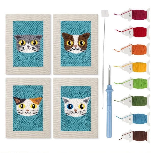 Teal Cat Faces mini punch needle kit set: four finished canvases with threads, punch needle and threader