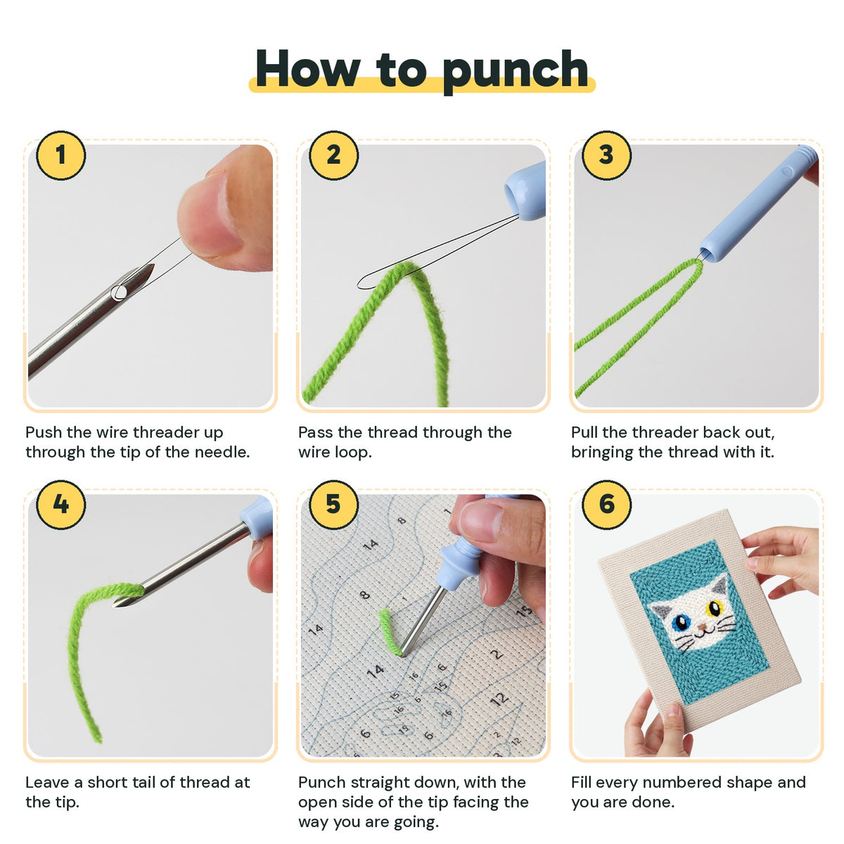 Six steps showing how to thread and use the punch needle