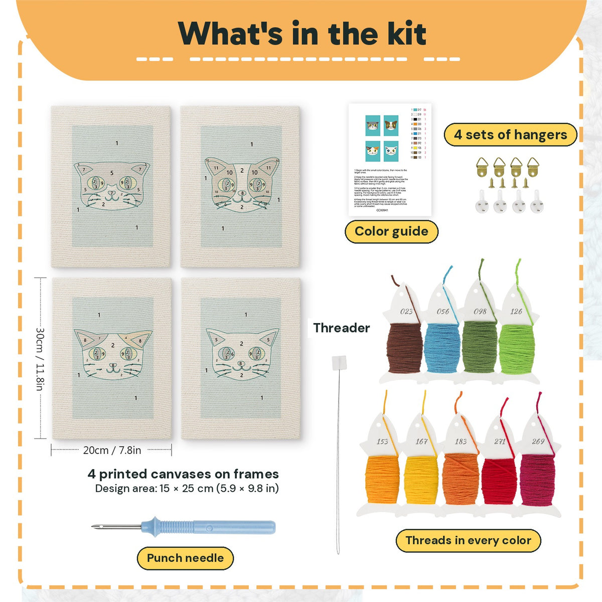 What is in the Teal Cat Faces set, 8 × 12 in (20 × 30 cm) each: 4 printed canvases, punch needle, threader, threads, color guide and 4 sets of hangers