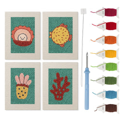 Teal Coral Reef mini punch needle kit set: four finished canvases with threads, punch needle and threader