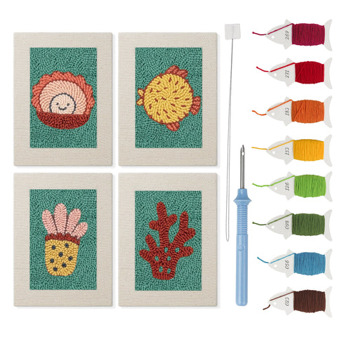 Teal Coral Reef mini punch needle kit set: four finished canvases with threads, punch needle and threader
