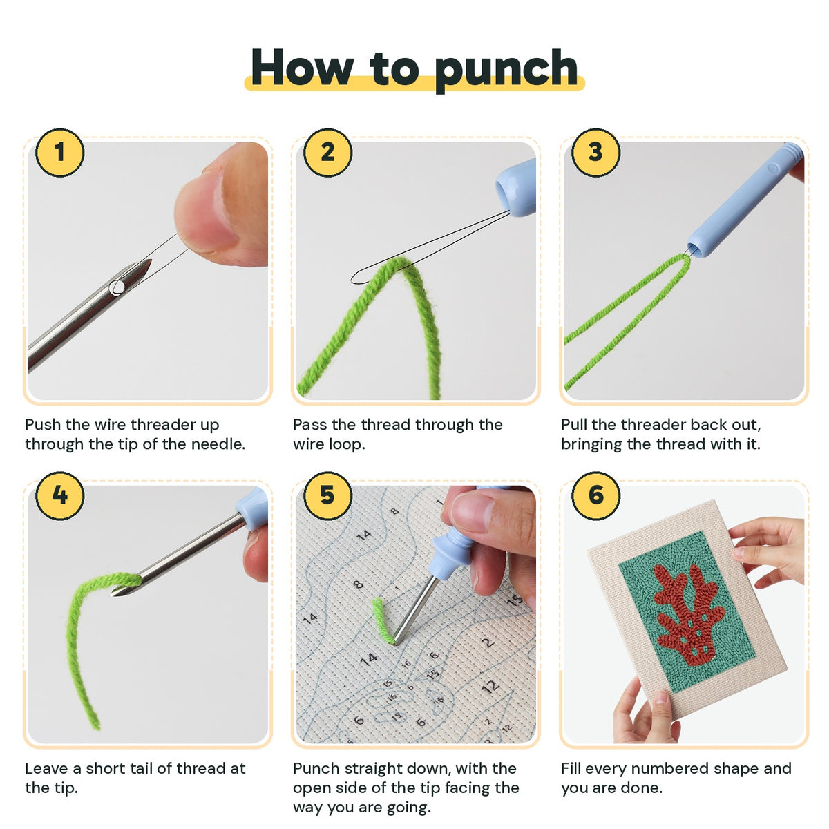 Six steps showing how to thread and use the punch needle