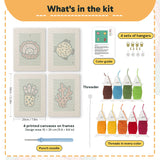 What is in the Teal Coral Reef set, 8 × 12 in (20 × 30 cm) each: 4 printed canvases, punch needle, threader, threads, color guide and 4 sets of hangers