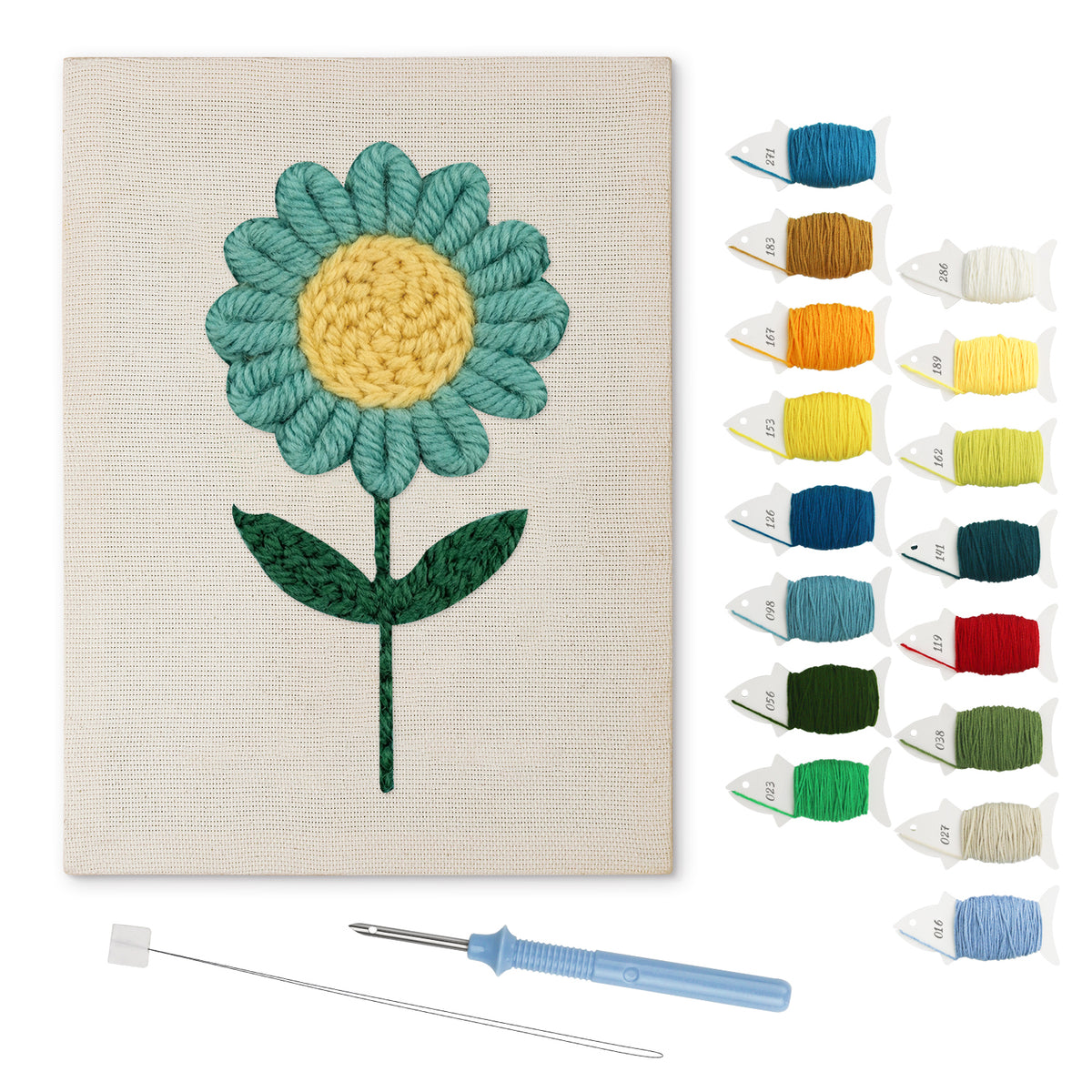 Teal Daisy punch needle kit: finished canvas with threads, punch needle and threader